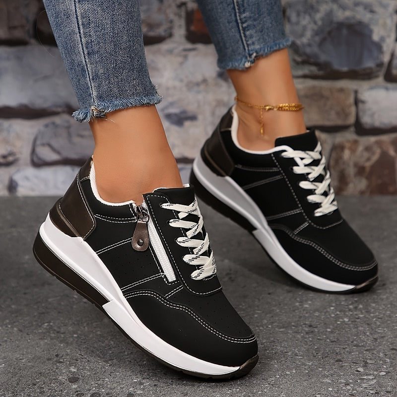 Women's Stylish Lace-Up Leather Platform Sneakers