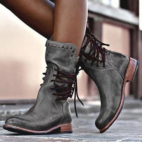 Women's Stylish Faux Leather Lace-Up Ankle Boots with Metal Studs