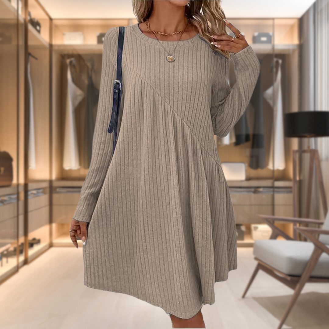 Women's Casual Ribbed Knit Long Sleeve A-Line Midi Dress