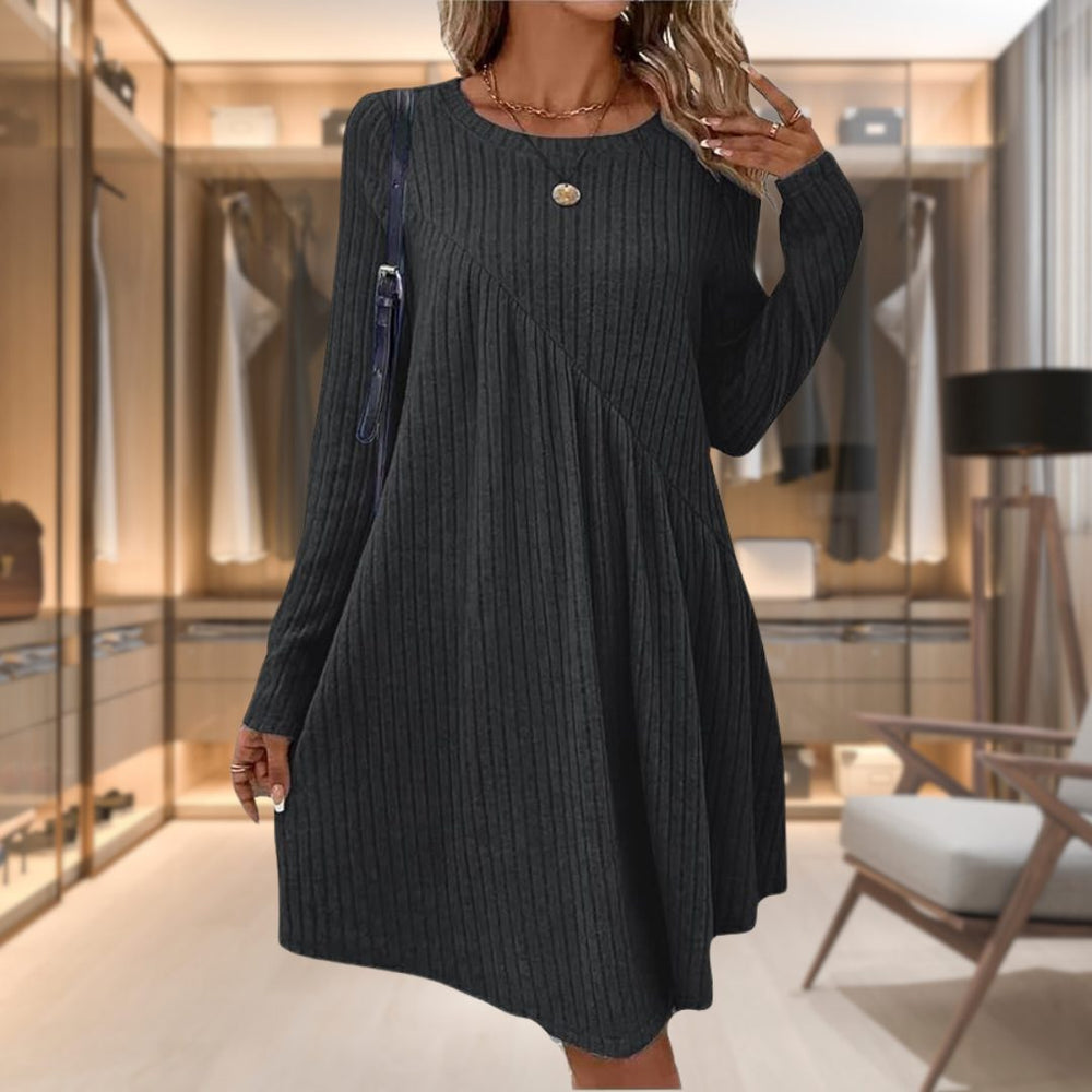 Women's Casual Ribbed Knit Long Sleeve A-Line Midi Dress
