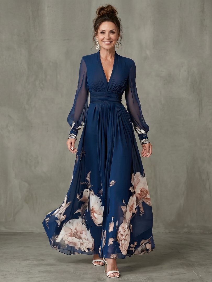 Women's Elegant Floral V-Neck Maxi Dress with Long Sleeves Navy