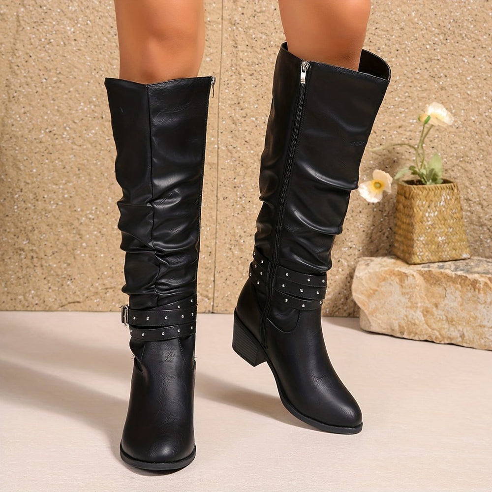 Women's Stylish Leather Slouchy Knee High Boots with Buckle Strap