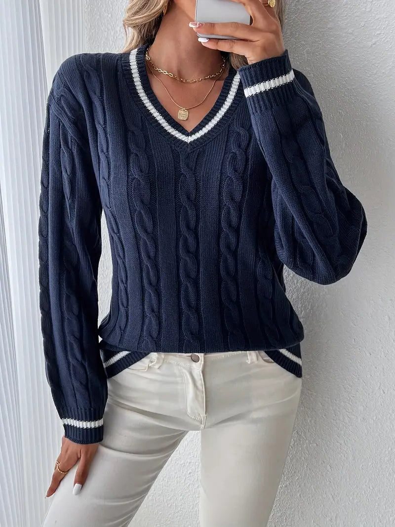 Women's Classic Cable Knit V-Neck Wool Sweater