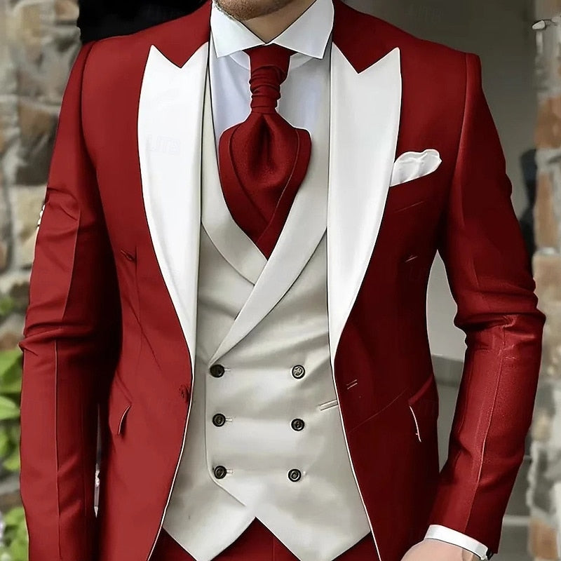 Men's Classic Wool Blend Tailored Peak-Lapel Three-Piece Suit