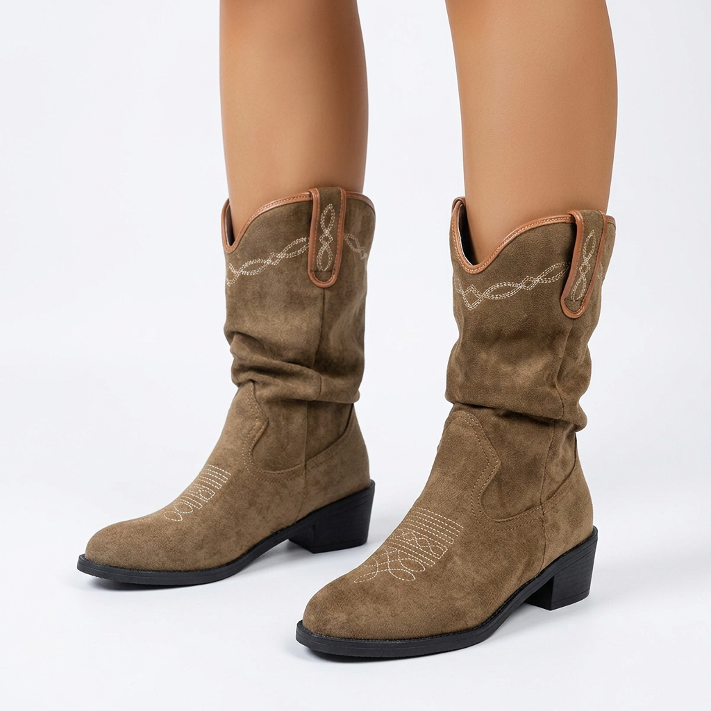 Women's Stylish Suede Embroidered Mid Calf Cowboy Boots