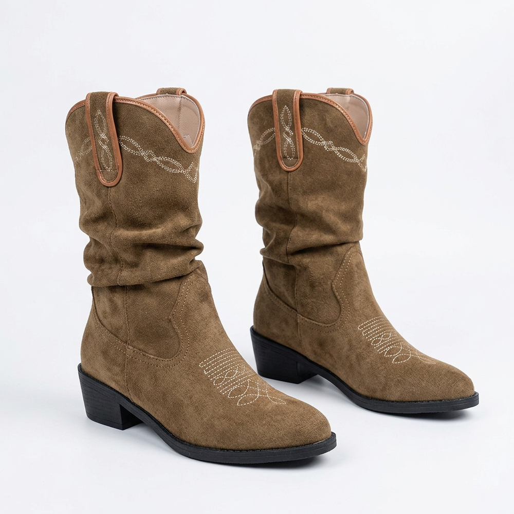 Women's Stylish Suede Embroidered Mid Calf Cowboy Boots