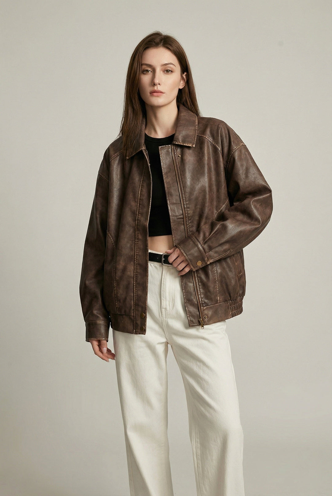 Women's Vintage Oversized Faux Leather Jacket Brown