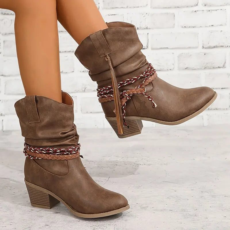 Women's Stylish Suede Western Block Heel Ankle Boots