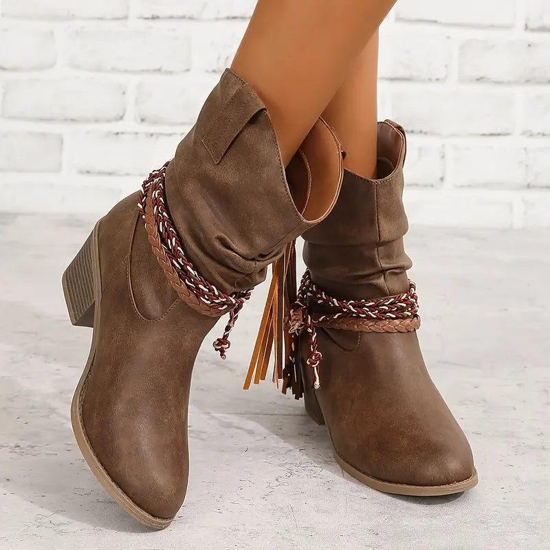Women's Stylish Suede Western Block Heel Ankle Boots