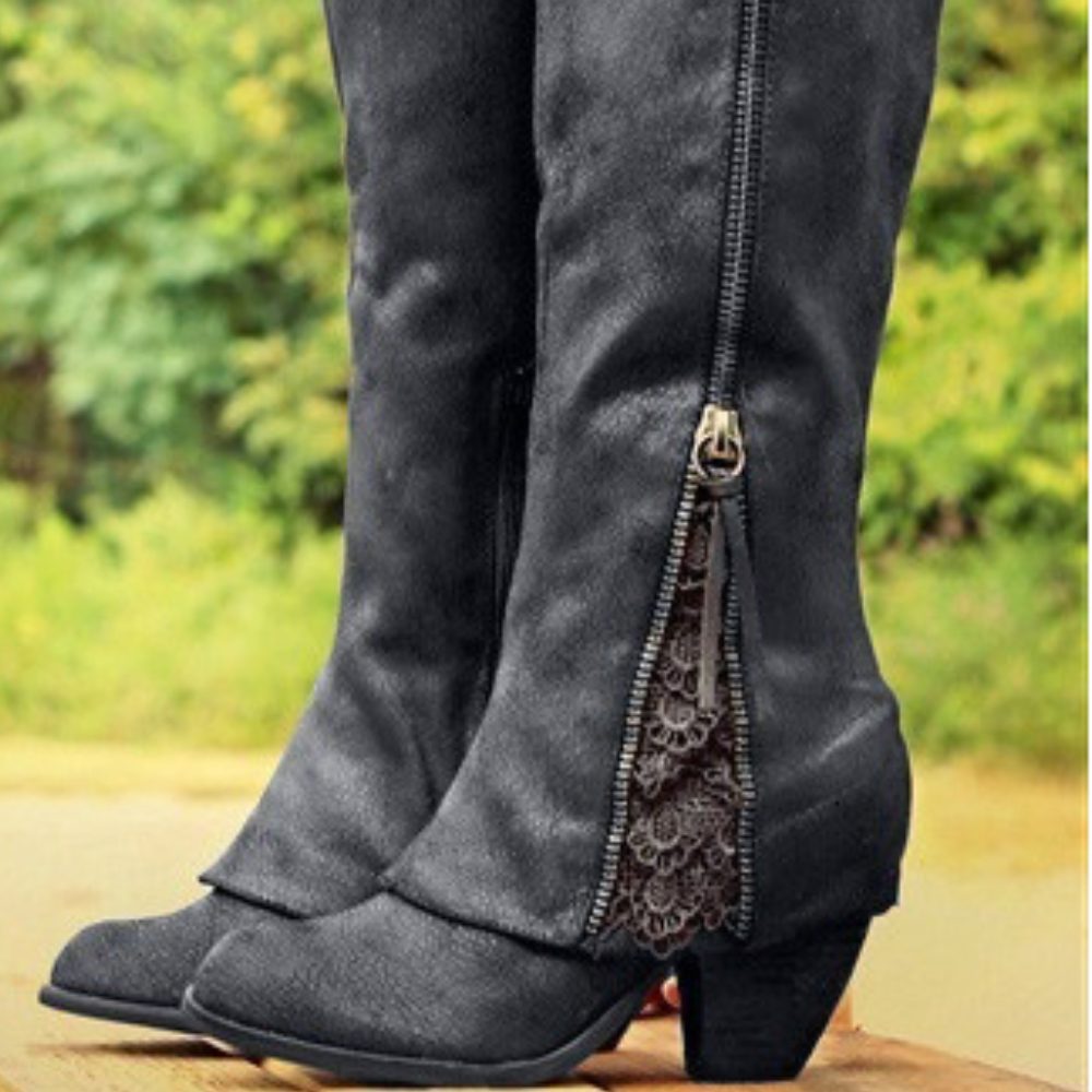 Women's Stylish Leather Zip-Up Block Heel Boots