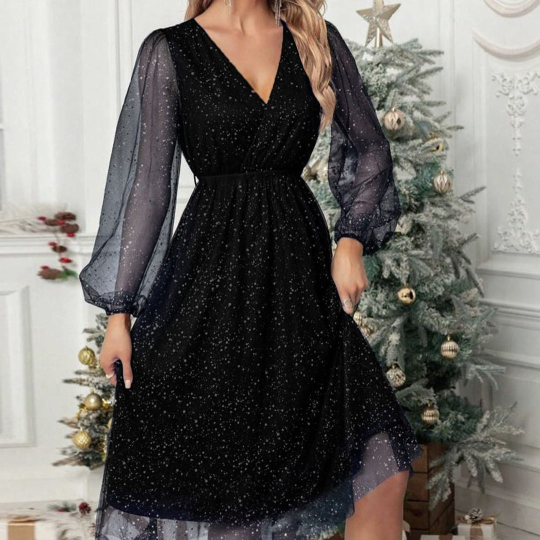 Women's Elegant Glitter V-Neck Midi Dress with Balloon Sleeves