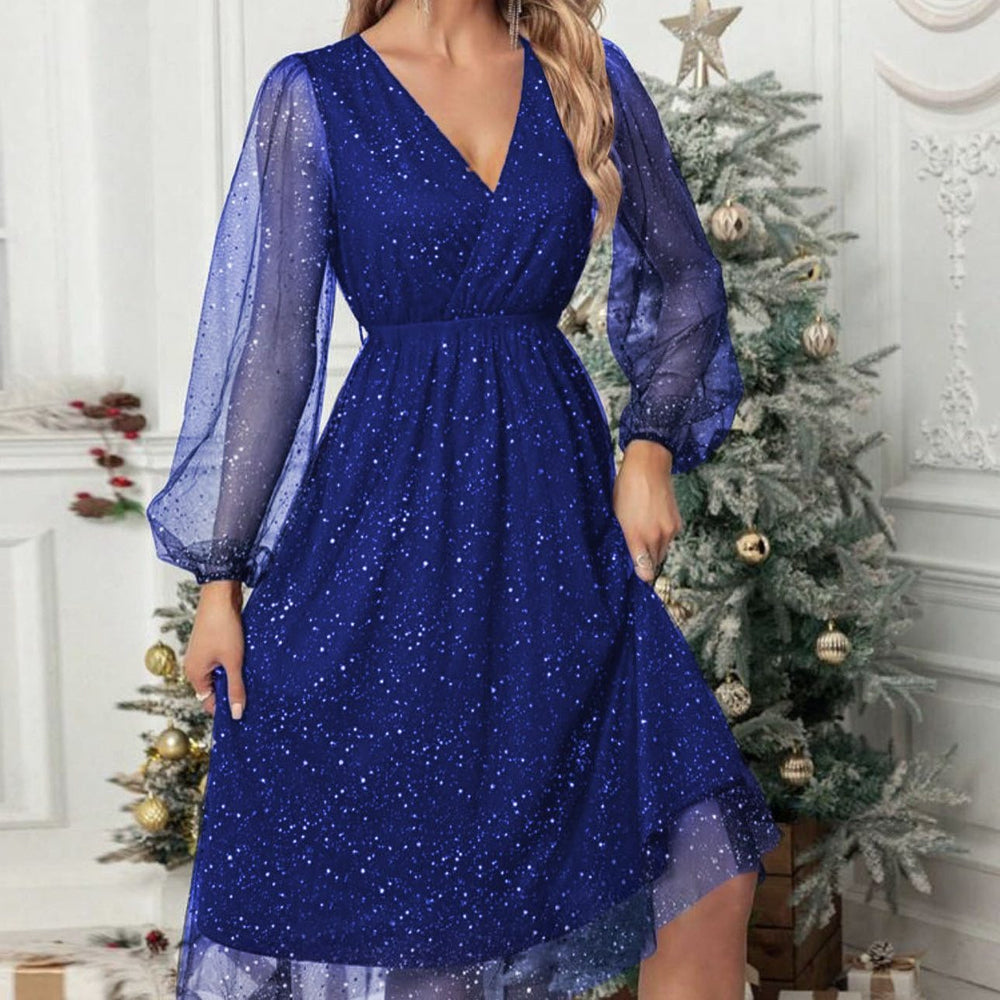Women's Elegant Glitter V-Neck Midi Dress with Balloon Sleeves