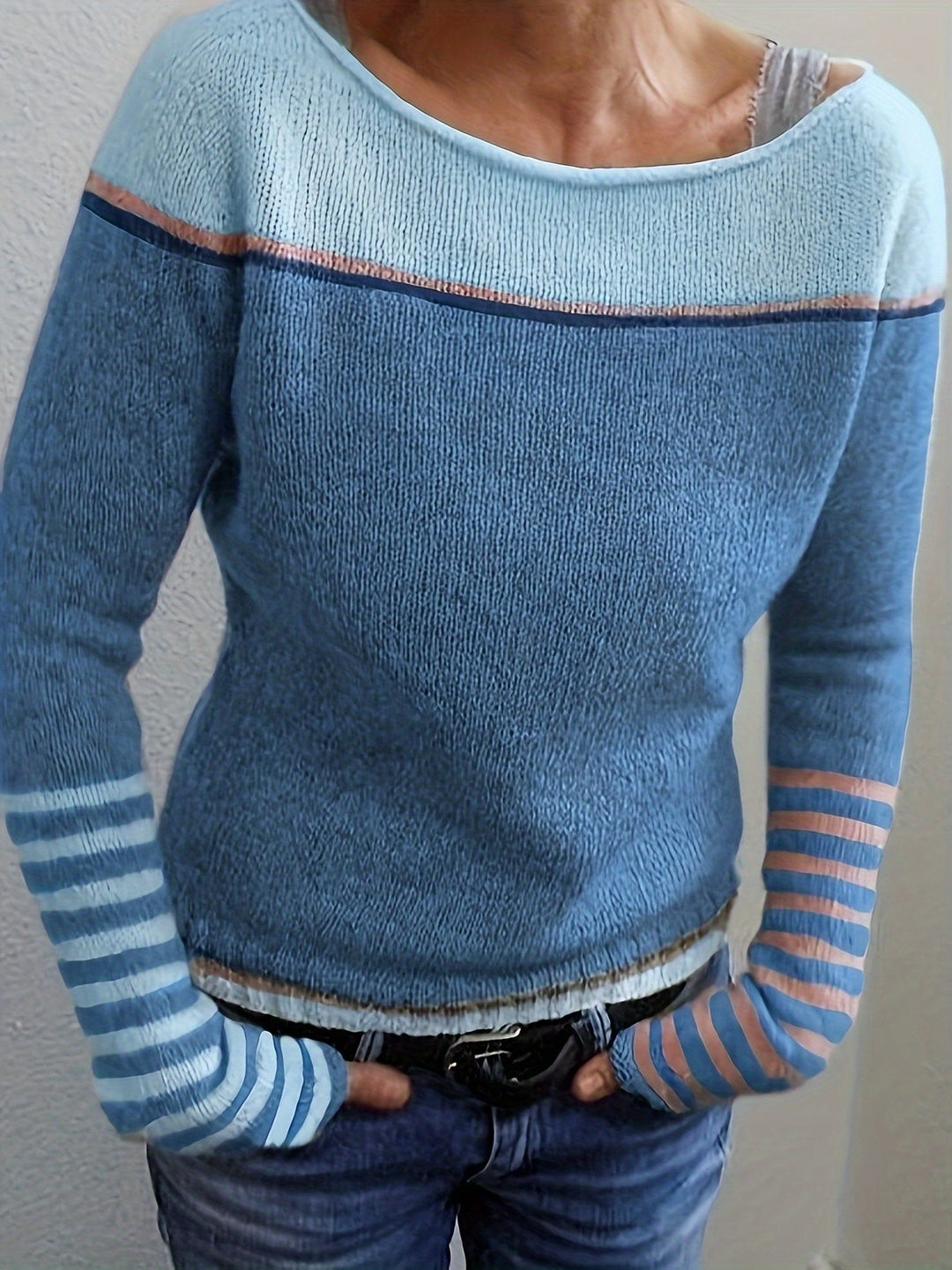 Women's Casual Colour Block Cotton Boat Neck Knit Top