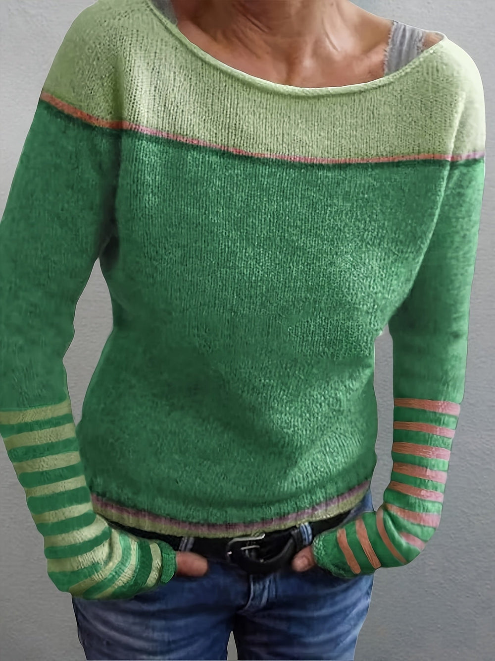 Women's Casual Colour Block Cotton Boat Neck Knit Top