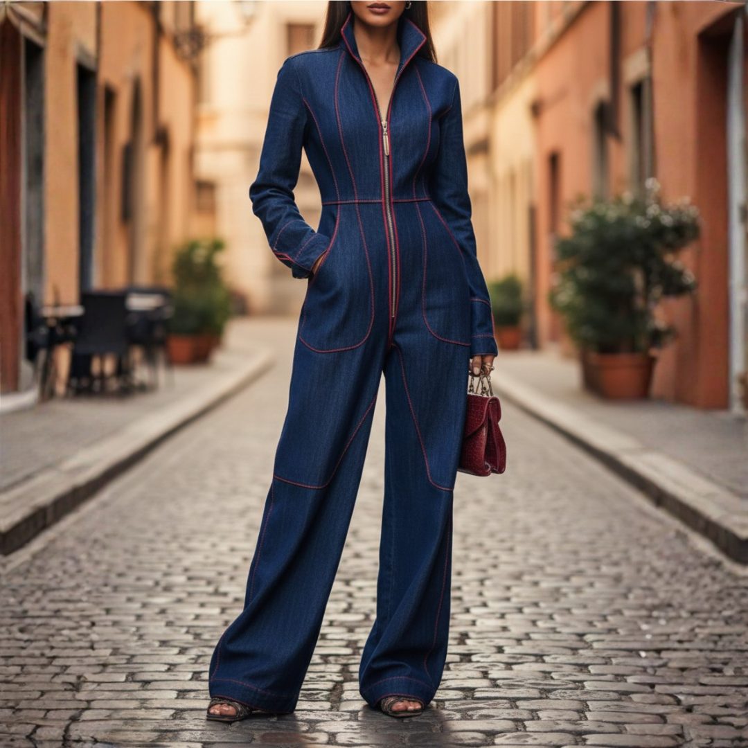 Women's Classic Denim Wide Leg Jumpsuit with Long Sleeves