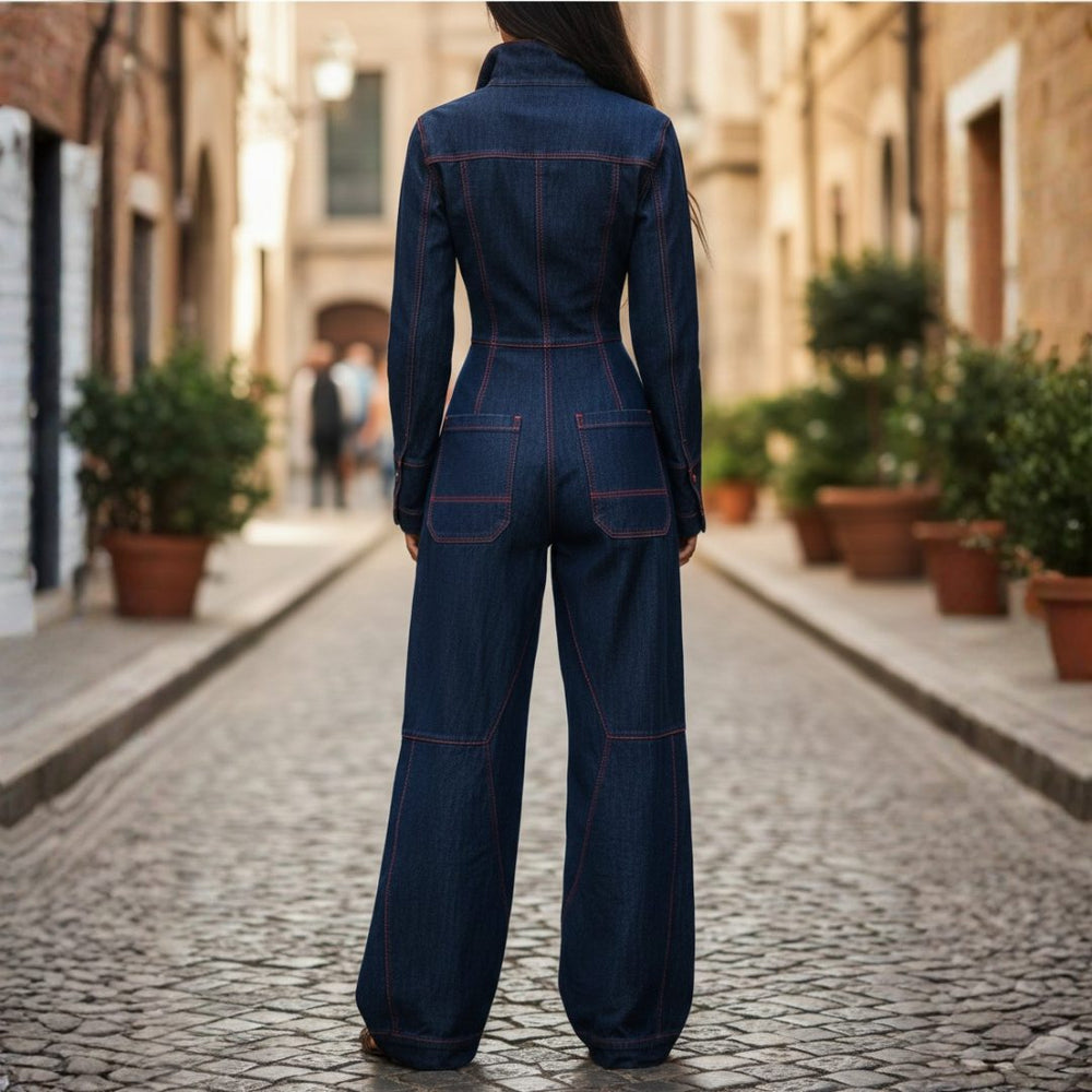 Women's Classic Denim Wide Leg Jumpsuit with Long Sleeves