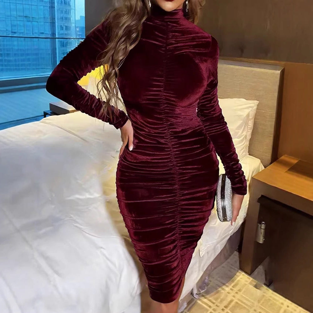 Women's Elegant Velvet Ruched Midi Dress