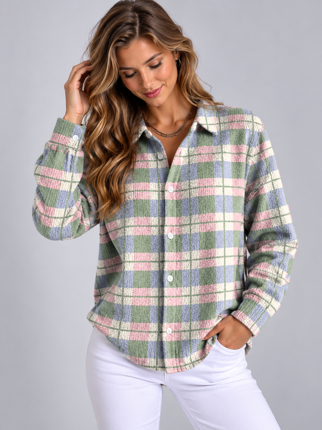Women's Classic Cotton Plaid Button-Down Blouse