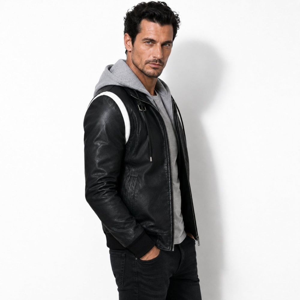 Men's Stylish Leather Embroidered Hooded Biker Jacket