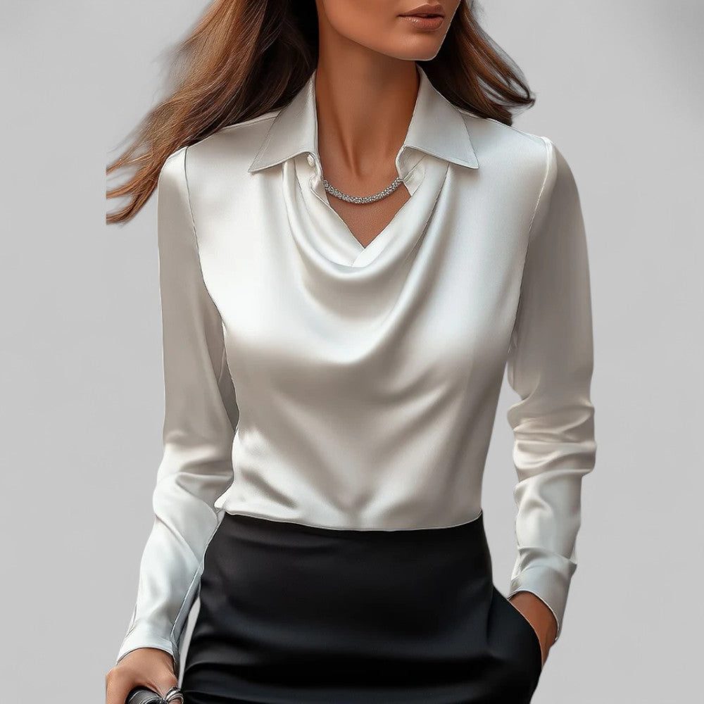 Women's Elegant Satin Long Sleeve Blouse with Cowl Neck