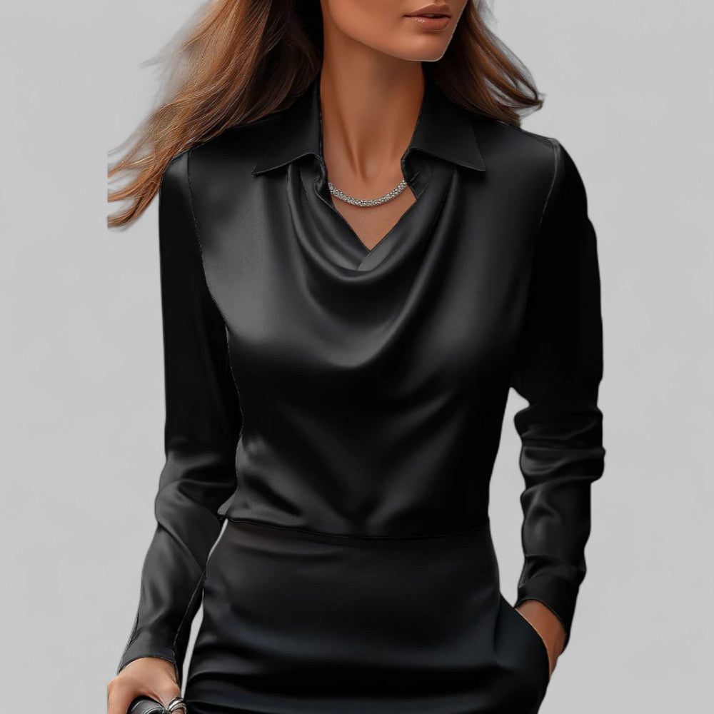 Women's Elegant Satin Long Sleeve Blouse with Cowl Neck