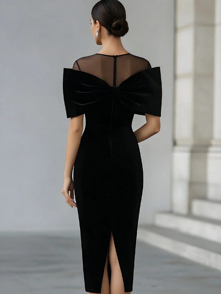 Women's Elegant Velvet Midi Cocktail Dress with Bow Accent
