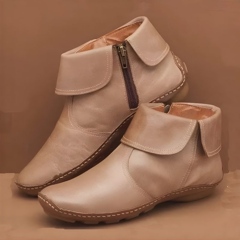 Women's Stylish Leather Fold-Over Collar Ankle Boots