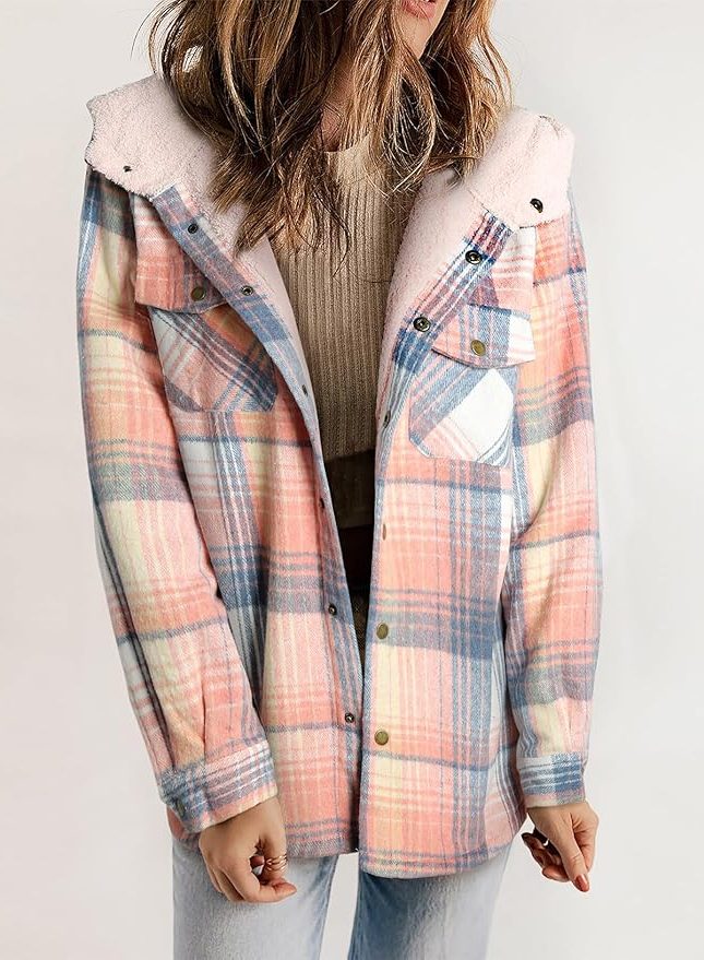 Women's Casual Plaid Flannel Jacket with Sherpa Collar