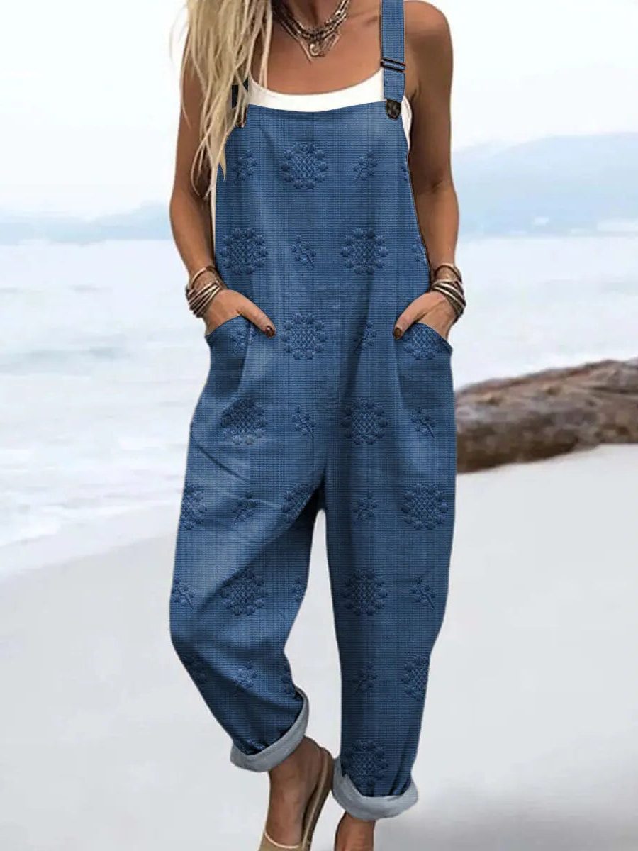 Women's Relaxed Wide Leg Cotton Jumpsuit with Pockets