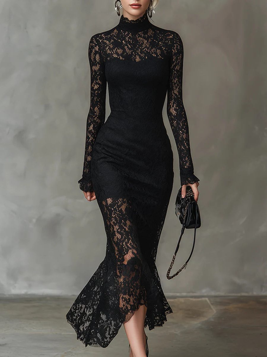 Women's Elegant Lace Turtleneck Maxi Dress with Long Sleeves