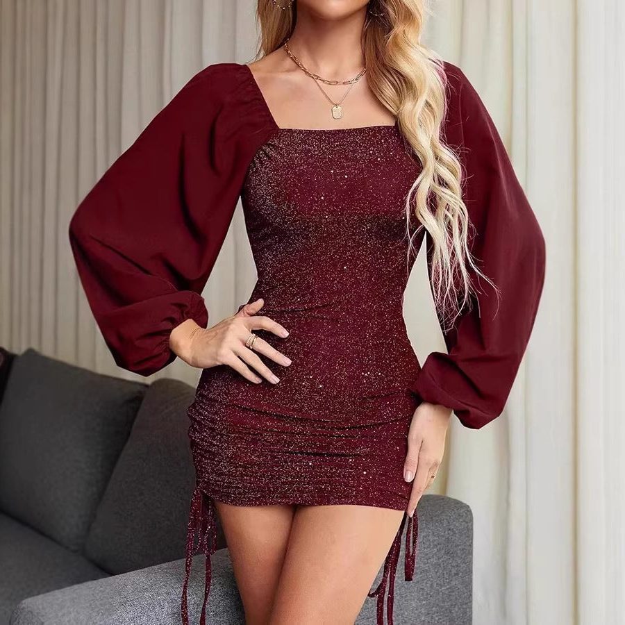 Women's Chic Glitter Bodycon Mini Dress with Square Neckline
