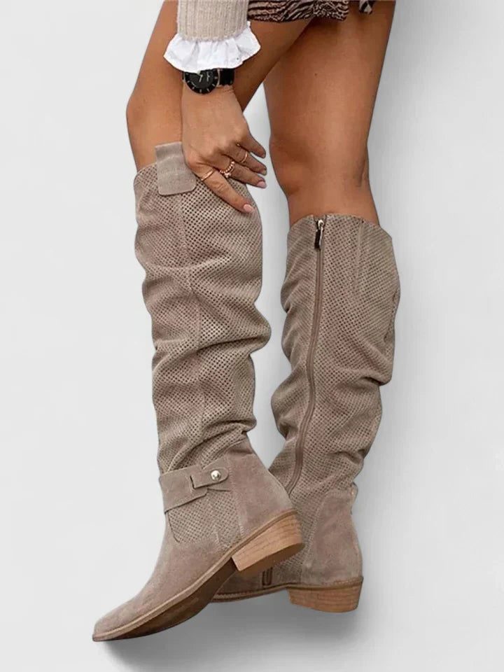 Women's Stylish Leather Perforated Knee High Boots