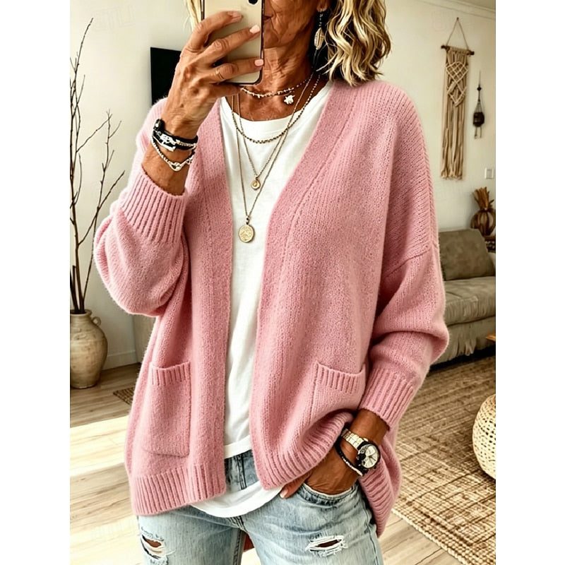 Women's Casual Ribbed Knit Long Cardigan with Pockets Pink
