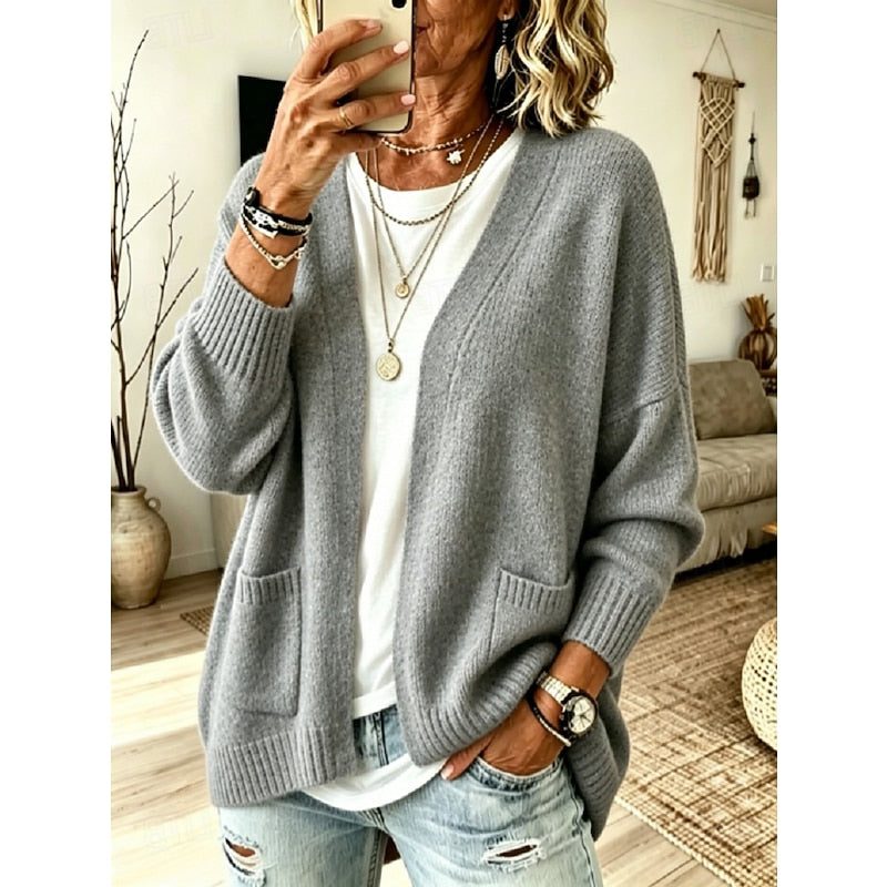Women's Casual Ribbed Knit Long Cardigan with Pockets Pink