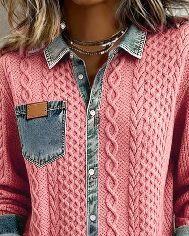 Women's Classic Cable Knit Button-Down Shirt with Long Sleeves