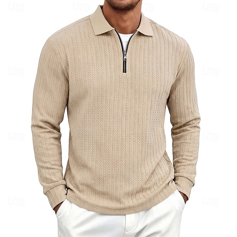 Men's Casual Textured Cotton Quarter-Zip Polo Shirt