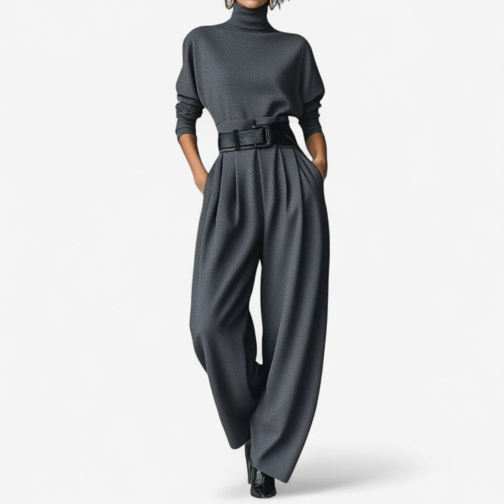 Women's Stylish Wide Leg Belted Jumpsuit with Roll Neck