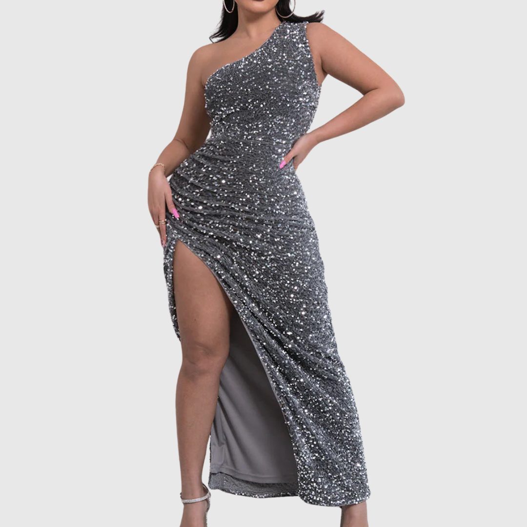 Women's Elegant Sequin One-Shoulder Maxi Dress with Thigh Split