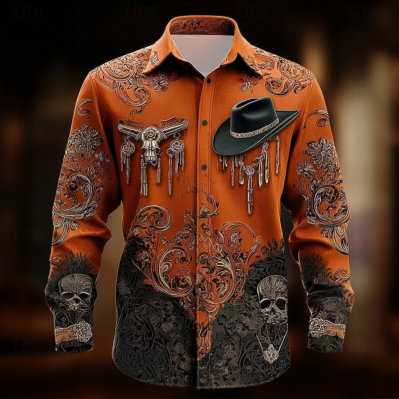 Men's Casual Cotton Western Shirt with Halloween Print