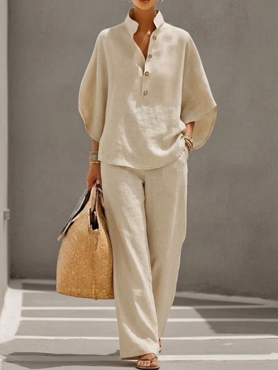 Women's Casual Linen Wide Leg Trousers with Batwing Sleeve Top