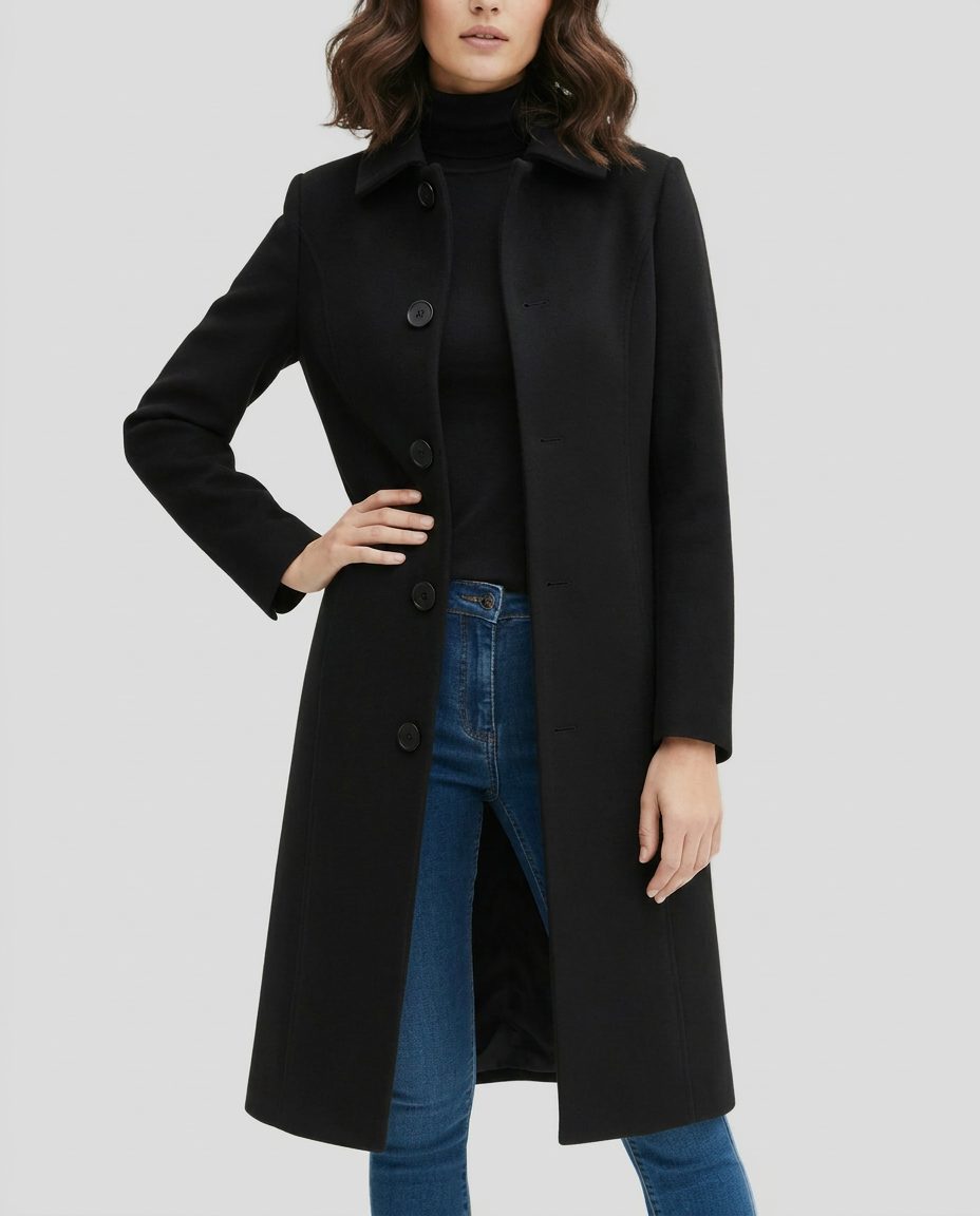 Women's Classic Single-Breasted Wool Trench Coat with Notch Collar