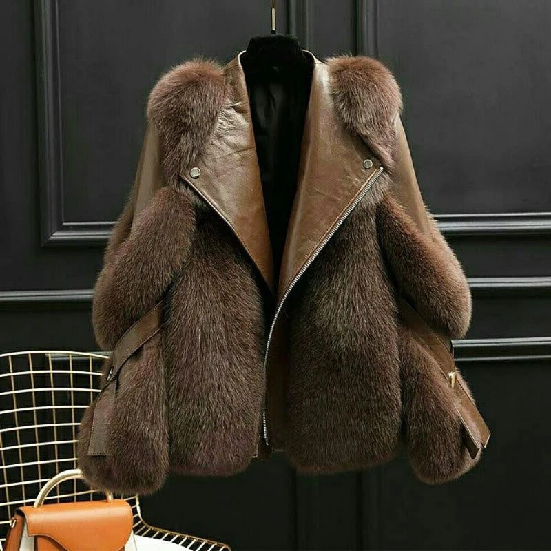 Women's Oversized Leather Jacket with Faux Fur Collar