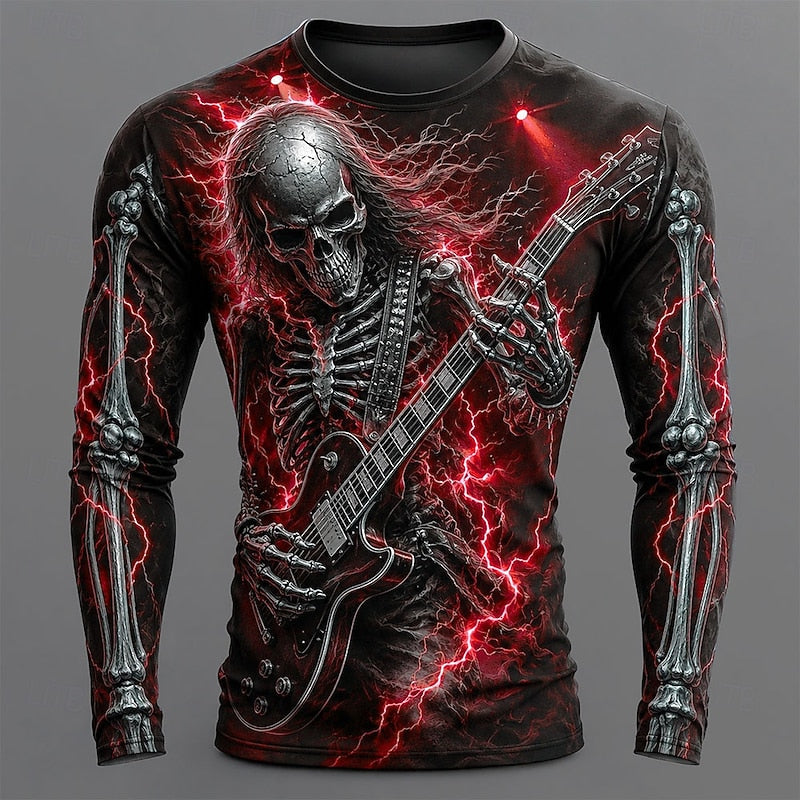 Men's Casual Cotton Long Sleeve Skeleton Guitar Shirt