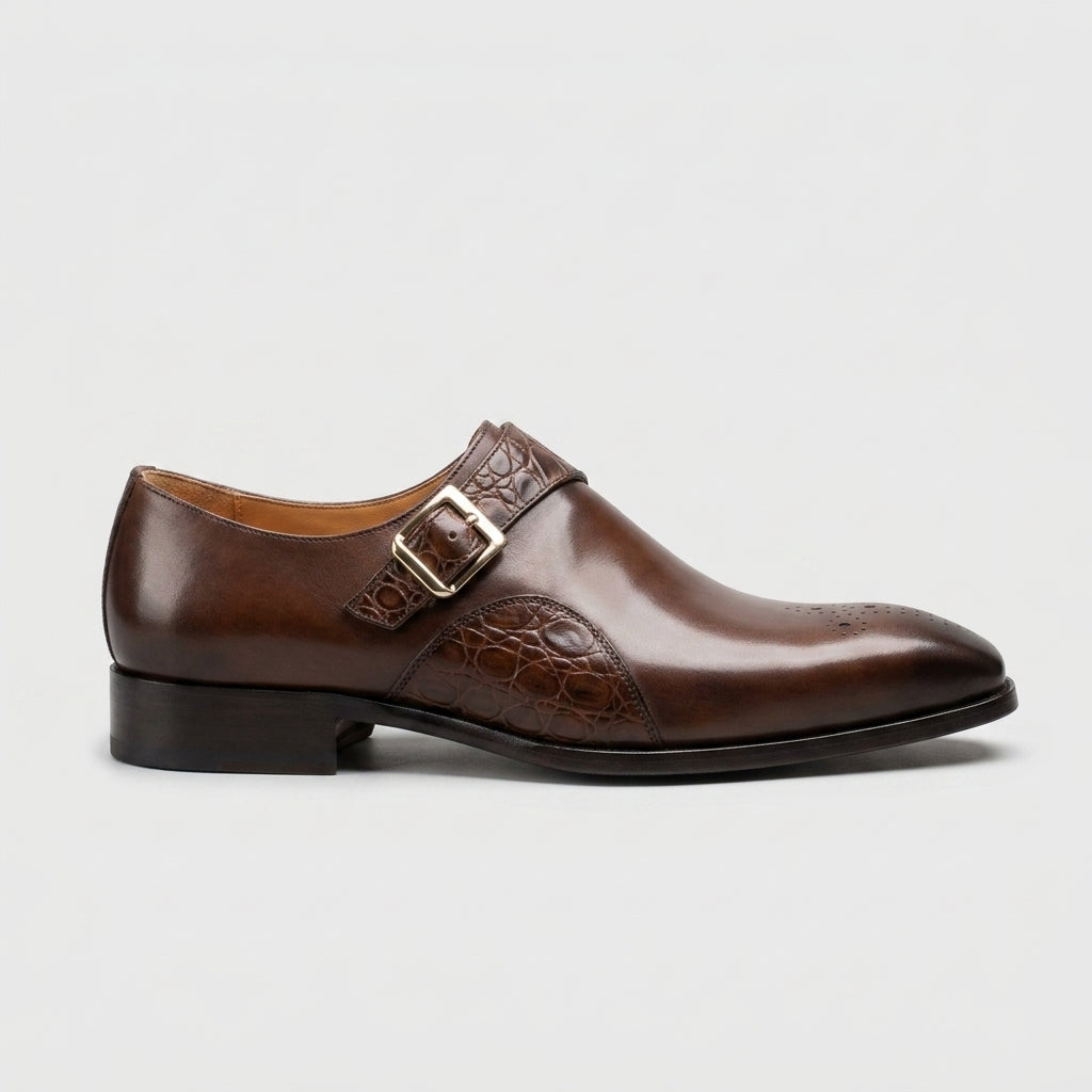 Men's Classic Genuine Leather Brogue Detail Monk Strap Dress Shoes