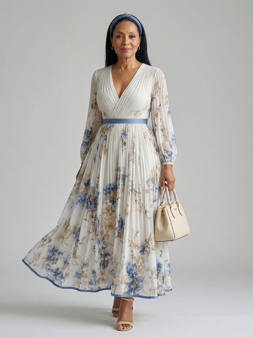 Women's Elegant Floral Wrap Long Sleeve Midi Dress