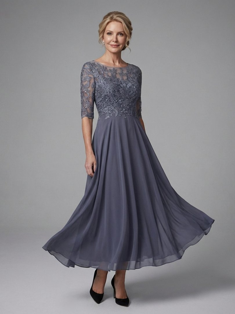 Women's Elegant Lace Bodice Midi Dress with Three-Quarter Sleeves