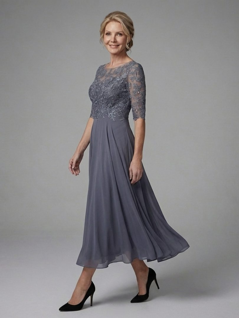 Women's Elegant Lace Bodice Midi Dress with Three-Quarter Sleeves