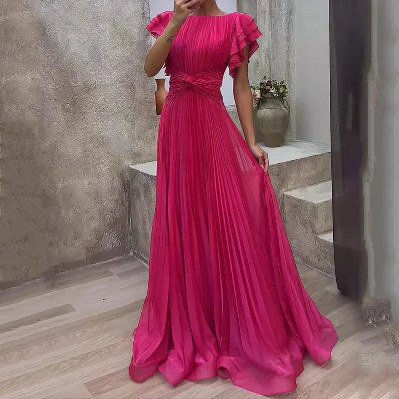 Women's Elegant Pleated Chiffon Maxi Dress with Cap Sleeves