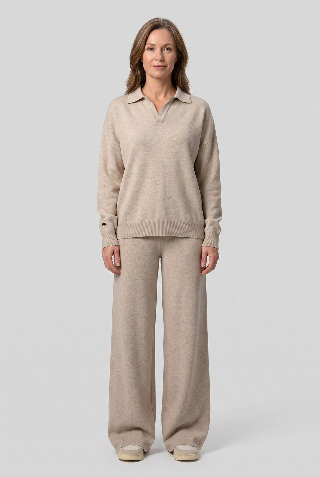 Women's Casual Ribbed Knit Polo Collar Wide Leg Loungewear Set