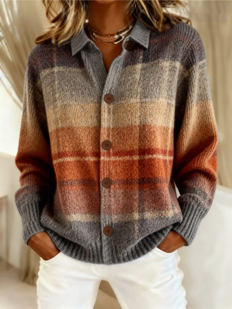 Women's Classic Plaid Button-Down Wool Cardigan with Long Sleeves